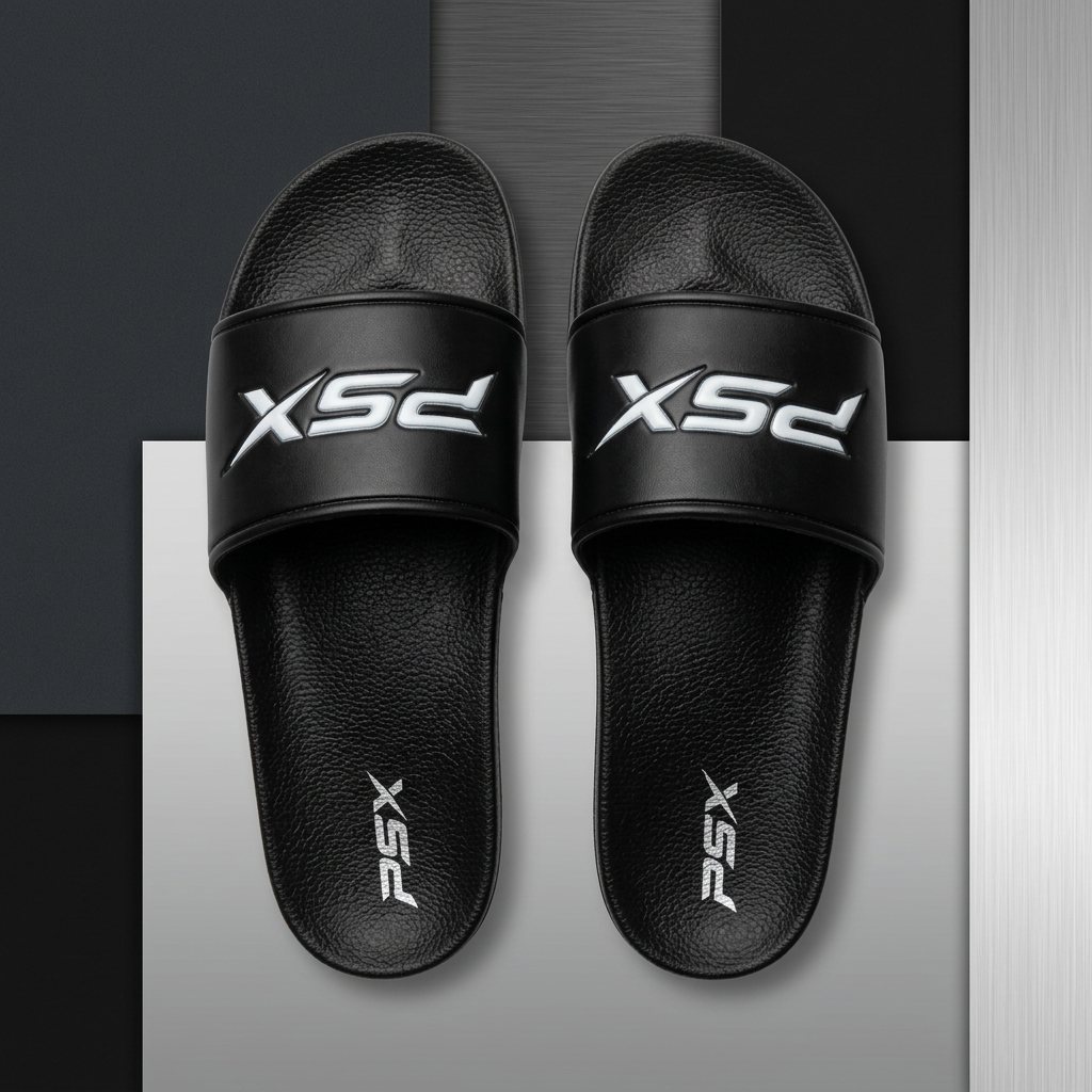 Sandales PSX noires sur fond studio gris, vue du dessus