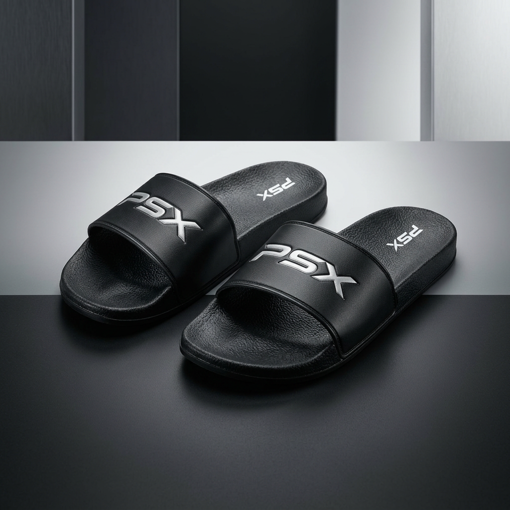 Sandales PSX noires sur fond studio gris, vue en angle