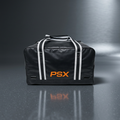 Sac de hockey PSX noir à sangles blanches, logo orange, fond studio gris