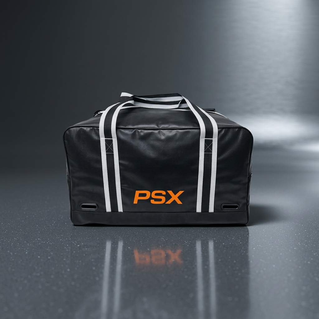 Sac de hockey PSX noir à sangles blanches, logo orange, fond studio gris