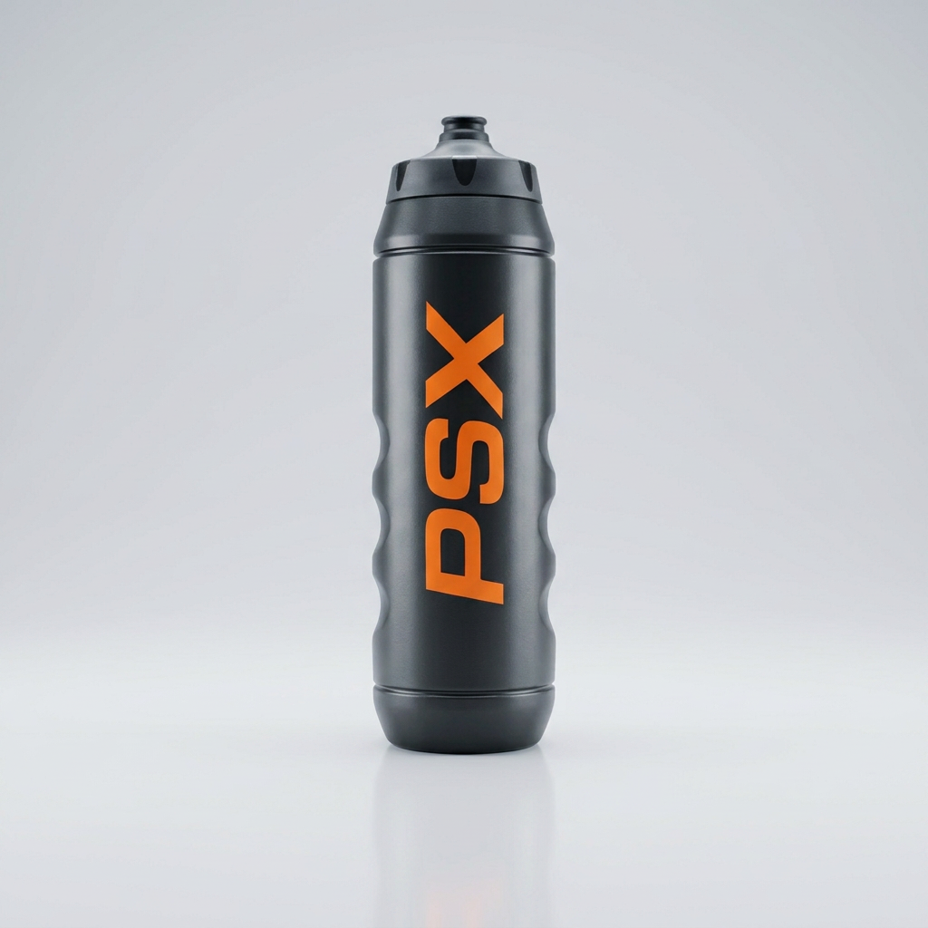 Gourde PSX noire avec logo orange sur fond studio gris clair